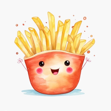 french fries, kawaii, cute, clipart, watercolor, white background