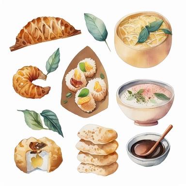 Watercolor sketch of cute Asian food objects, detailed, flat, happy mood, cozy, warm colors, white background, watercolor, hyperrealism, high detail, isolated elements, set, clipart