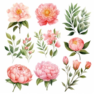 Handpainted romantic set with watercolor peonies, flowers, roses and leaves.15 lovely clipart isolated.Perfect your project,greeting cards,wedding,Birthday cards,bouquets,wreaths,invitations,logos