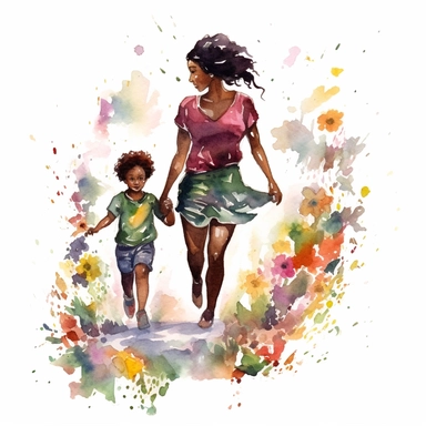 Black Mom and Me Watercolor, Clipart, High Res, Mother's Day, Mother's Love, waterpaint, fresh colors, happy, white backgroundm, simplified Art Nouveau, walking, enchanted forest, front to camera, version 4 style, high detailed, sharp