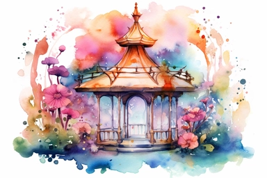 An enchanting watercolor clipart showcasing a whimsical gazebo in a fantasy realm, where ethereal beings gather and colorful flowers bloom, viewed from a fantastical perspective, hd, spaced out, on a white background