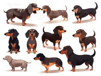 full body images of a cute friendly happy black and brown dachshunds and as DIGITAL CLIPART with WHITE BACKGROUND IN THE ART STYLE OF OLIVER JEFFERS