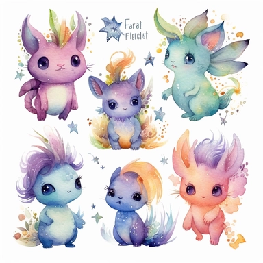 watercolor clipart of 5 cute little fantasy creatures with different features and from different perspectives, vibrant pastel colors, stars, magical, mystical, high quality watercolor image on white background