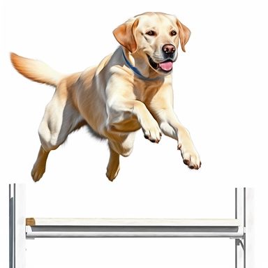 A clipart of a Labrador Retriever performing a high jump during a dog agility competition, designed on a white background.