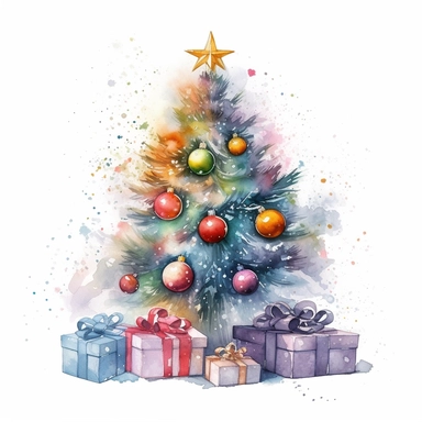watercolor christmas tree with baubles and gifts, bright tree lights, vibrant colors, add glitter, clipart image, on a white background