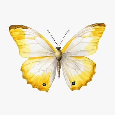 white and yellow butterly clipart, watercolor style, white isolated background, 4k, hdr
