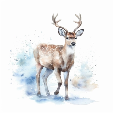 christmas mood, brown deer walking on a snow, clipart style, watercolor technique, super high quality, professional watercolor clipart, high resolution, isolated white background, 8k, pastel blue colors