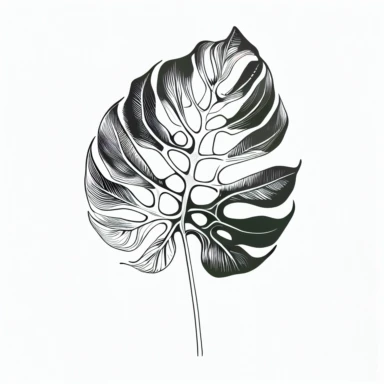 Monstera leaf silhouette clipart pencil drawing on white background, vector line