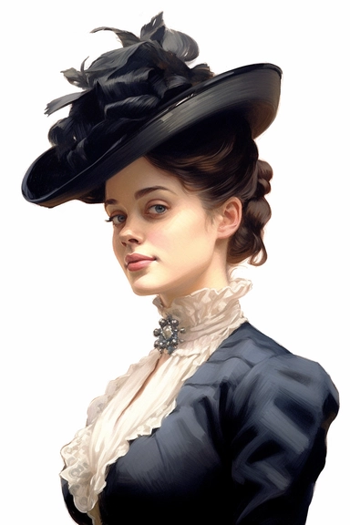 Beauty victorian american, lady, looking left, victorian hairstyle, victorian hat, Victorian era clothing, beatiful smile, realistic portrait white background, high quality, hyper - realistic, Victorian Lady Clipart,