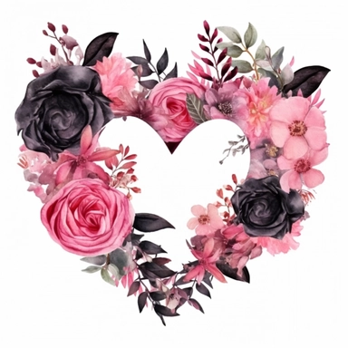 isolated detailed floral pink to black ring in a shape of a heart, watercolor clipart, white background