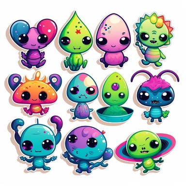 10 cute alien stickers collection, clipart design, cartoon, 4k, white background