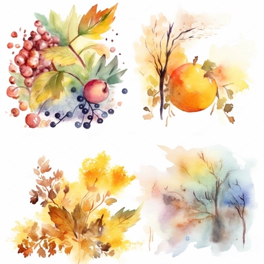 clipart Seasonal collage representing the four seasons (spring, summer, autumn, winter) watercolor 4K