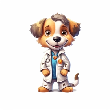 cute Dog character wearing doctor clothes and doctor element with happy face,front facing on isolated background,with happy face and expression,Animal Sublimation Clipart,no splash watercolor,white background, ultra detailed clipart, cut out image, colorful watercolor realistic, cartoon style, ultra HD, sharp and clean art