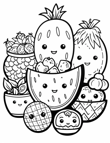 Fruit Fiesta: A collection of kawaii fruits, including a smiling watermelon, a happy For Simple Coloring page,line art, thick lines, black and white,clipart, illustration, on white background