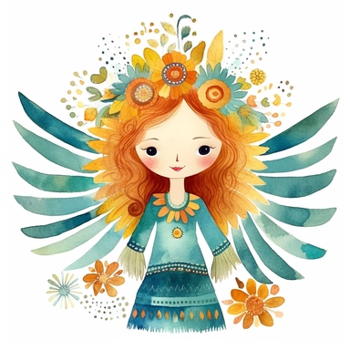 the folk art image shows a colorful flower angel, in the style of aquamarine and amber, chic illustrations, i can't believe how beautiful this is, aztec art, aquarellist, charming characters, symbolist creations, clipart style, shabby-chic