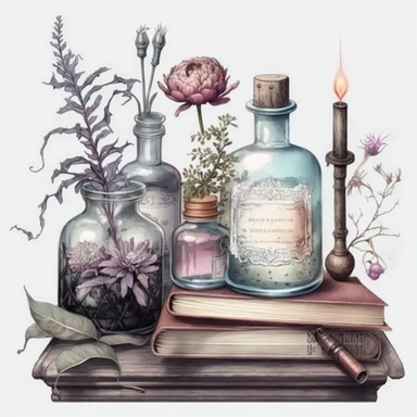 Light academy, old wooden shelf, potion bottle, bottle, grass, books, diary, glass with brushes, candles, vase, pink and white peonies, pink, white, light blue, purple, pastel colors,clipart on a white background, an illustration of by Annabel Kidston, shutterstock contest winner, generative art, detailed painting, digital illustration, photoillustration isolated on white background, digital watercolor