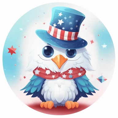 bright red, white, and bright blue fourth of july illustration clipart of a cute baby eagle wearing an Uncle Sam hat cropped inside of a round shape with a white background in the style of Joey Chou