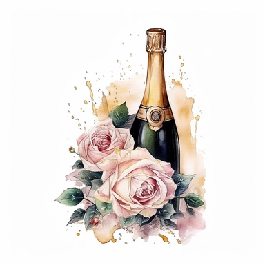 Champagne and Roses, Wedding Clipart, black outline, on a white background, extremely detailed, illustration, digital art, Watercolor