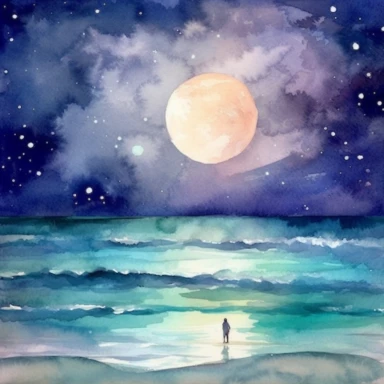 Under the watchful gaze of the moon, a captivating holographic beach emerges in the depths of night, painted in enchanting strokes. watercolor clipart. watercolor clipart. With a normal, soft light illuminating the scene, the colors take on a wonderful and relaxing quality, evoking a sense of tranquility. The composition offers the viewer the best view, focusing solely on the interplay of sand and water. The sandy shore curves gracefully, its delicate watercolor hues seeming to glow softly. Holo
