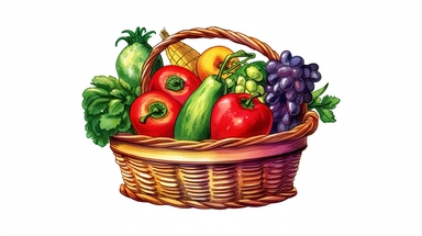 photorealistic clipart, watercolor illustration of a basket containing different fruits and vegetables, detailed, bold colors, thick outlines, isolated objects, white background, in the style of colorful cartoon, 8k
