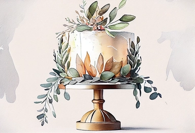 Wedding cake on a stand decorated with eucalyptus. Watercolor holiday clipart for greeting cards, invitations, menus, logos, stationery, fabric prints. Wedding, birthday, anniversary design. , .highly detailed, + cinematic shot + photo taken by sony + incredibly detailed, sharpen details + highly realistic + professional photography lighting + lightroom + behance photography unsplash