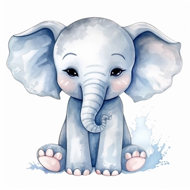 clipart kawaii elephant, watercolor, simple, white background, black outline