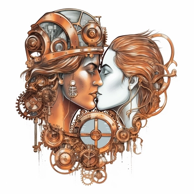 Against the stunning sight of a steampunk steam train, a couple's lips meet for their first kiss. The interplay of copper, gears, and mechanical elements reflects their shared passion and the allure of the retro - futuristic world. Ultra high quality, intricate detail, retro - futurism, pastel clipart, white background