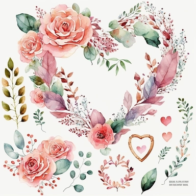 Watercolor Valentine, Valentine clipart, Heart clipart, Valentine PNG, Love clipart, Valentineday clipart, Heart wreath, Pink clipart, on white background
