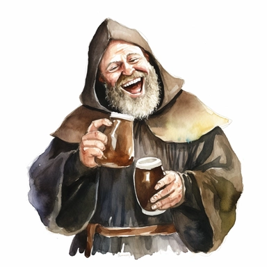 happy bearded medieval friar Tuck laughing as he holds just one beer mug in his right hand watercolor clipart no words no watermark