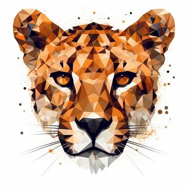 Minimalist cheetah face, in the style of cubist shattered planes, flat design, poster, wild life, clipart, white background
