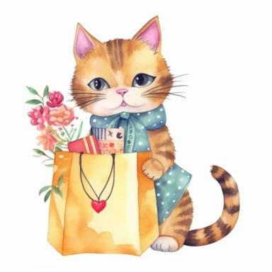 Adorable watercolor clipart of a playful cat with a paper bag, capturing the curiosity and innocence of pets, with vibrant colors and soft details, perfect for a pet-related project, cute and charming, high-quality artwork, hand-painted with love, playful and fun.