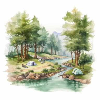 watercolor, hyper realistic, white background with margins, 8k, ultra detailed clipart A forest with a river running through it and a family camping nearby, green and brown