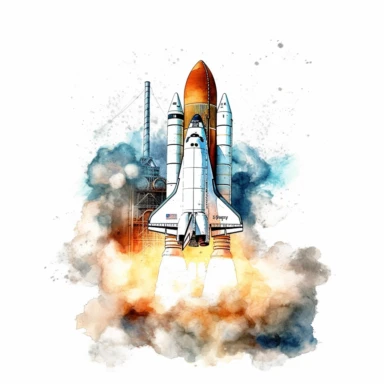 A clipart of a space shuttle launching with smoke billowing beneath it, created in watercolor style, all on a white background.