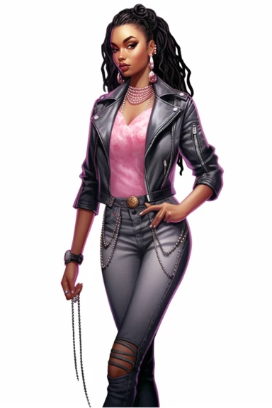 Illustration detailed clip art illustration on a white background, pose full-length model black woman Musier Paris Kelsey biker jeans jacket and chocker with body jewelry, long thick braided hair, cute nose, makeup, lips fashion pink, elegant classy, shiny colors, hyper details sticker art, elegant, modeling,
