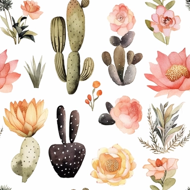 Draw a watercolor-style clip art images that feature objects related to an aesthetic adorned with floral designs. The images should have aesthetic, and should incorporate elements such as watercolor [gold] whimsical and cute illustration in watercolor of DESERT CACTUS, with black ornaments , in a Scandinavian folk art style with botanical and swirl motifs. light pink gold colors Traditional with a modern twist watercoloritem collection, isolated on a white background, classy, simple, graphics, c