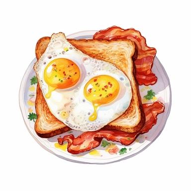 detailed, vintage style, illustrated in clip art style, delicious breakfast spread, two perfectly fried eggs with bright, sunny yolks, bacon and two slices of golden, crispy toast, arranged neatly on a clean white plate, clean white background, perfect for etsy merchandise