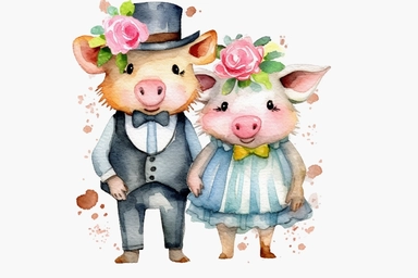 Watercolor clipart of pig in clothes, bride and groom style of Michael Thomas, HD on white backround