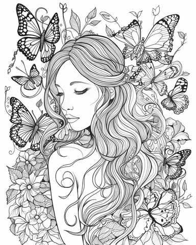 The coloring page features a girl surrounded by an array of psychedelic swirls and patterns, created using simple line art techniques. The girl is surrounded by a swarm of butterflies, adding an ethereal and dreamlike quality to the image. The design is filled with a variety of watercolor-related terminology, such as wash, blend, and color bleed, which give the image a sense of fluidity and movement. The colors used are bright and bold, with a range of pinks, purples, oranges, and yellows, that 