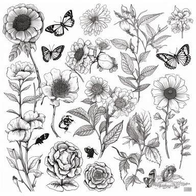 individual botannical clip art, black and white line art, 2 d,
