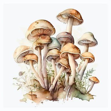 watercolor, a bunch of thin loong mashrooms in pastel beige color, a lot of details, good quality illustration, clipart, white background