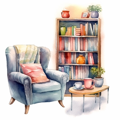 watercolored clipart,a cozy reading corner with a comfortable armchair, a bookshelf and a cup of Coffee