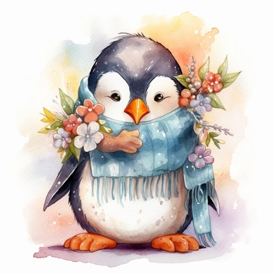 a cute penguin with a winter scarf and a hot cocoa mug, depicted in a whimsical, cartoon style, watercolor, surrounded by colorful flowers and butterflies. The mood of the artwork is cheerful and playful, with a soft pastel color palette. The lighting style is bright and sunny, evoking a warm and inviting feeling. clipart design graphic, vector, contour, super cute, isolated white background, high quality, 2d, flat