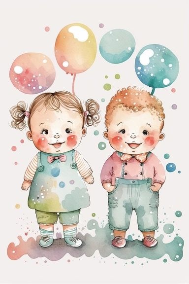 flat clipart background art for baby nursery watercolor cute baby twin, one boy and one girl fraternal twin boy and girl