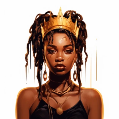 black dark-skin women with short dreadlocks wearing a golden crown staring straight forward with big shiny lips, clip art