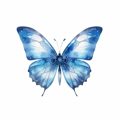 light blue watercolor, of a galactic butterfly, sideview, white background, clip art