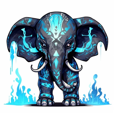 a cute and whimsical glowing tribal elephant with blue lights on his eyes, tribal animals, in the style of bold black outlines, manhwa character design, master of shadows, burned/charred, himalayan art, dark black and light azure, 2d game art, quadratura, clipart, on white blackground