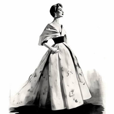 1960s woman standing in beautiful dress, christian dior high fashion, clip art, black and white, illustration, watercolor,, detailed painting, very high quality, hd, spaced out ar 3:2