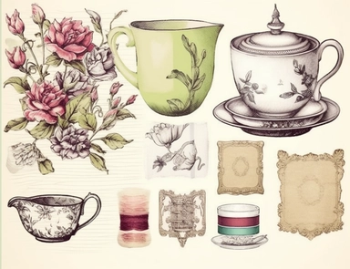 blank ephemera paper page with ornate border illustrations vintage coffee cups and beans pencil sketch , greeting card design, old botanical books style drawing, vintage, distressed textures, muted colors, craft paper texture, handwriting lines in background, pen and ink on paper with watercolor washes Watercolor, vector, white background, rice paper texture, clipart, flat illustration, outlined , Vector, 4K, Art station, digital print, highly detailed clean, detailed illustration, 3D vector art