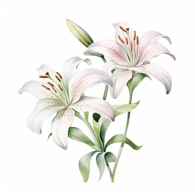 watercolor lily flowers and leaves clipart,tiny, long branches,hd, on white background, space out