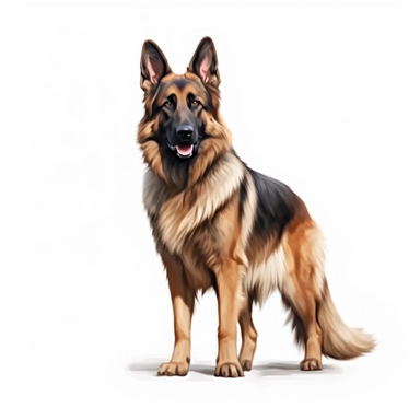 sable german shepherd digital painting and drawing, clipart, full body, hyper - realistic animal illustration, childlike, free brushwork, white background